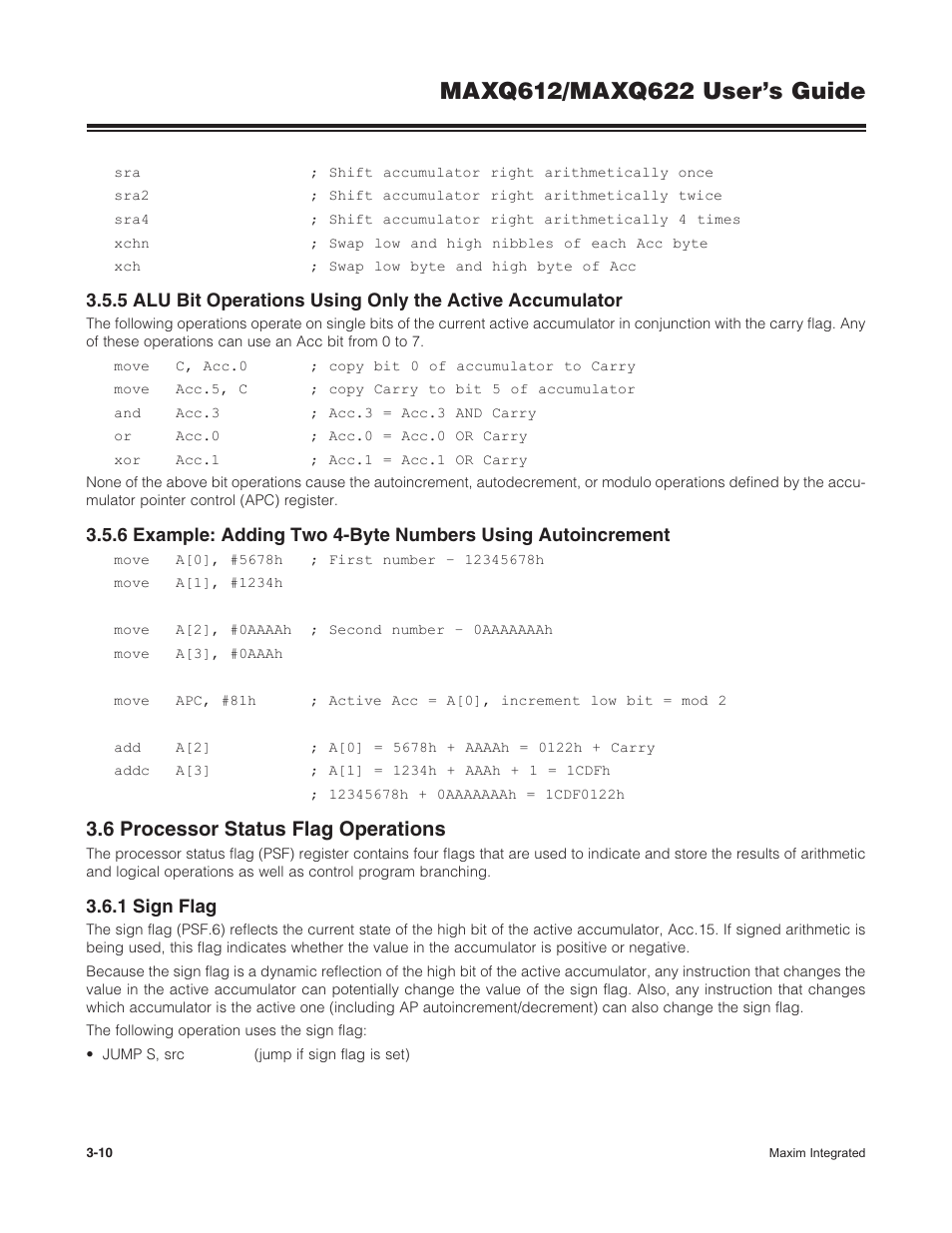 6 processor status flag operations, 1 sign flag, 3 .6 processor status flag operations -10 | 3 .6 .1 sign flag -10 | Maxim Integrated MAXQ622 User Manual | Page 46 / 255