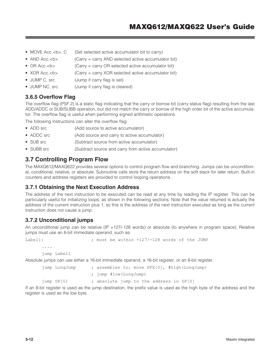 5 overflow flag, 7 controlling program flow, 1 obtaining the next execution address | 2 unconditional jumps, 3 .6 .5 overflow flag -12, 3 .7 controlling program flow -12 | Maxim Integrated MAXQ622 User Manual | Page 48 / 255