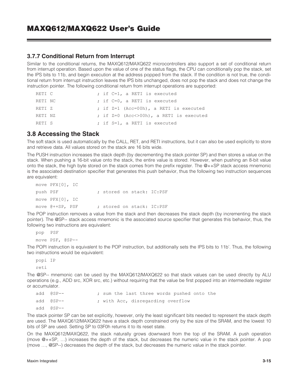 7 conditional return from interrupt, 8 accessing the stack, 3 .7 .7 conditional return from interrupt -15 | 3 .8 accessing the stack -15 | Maxim Integrated MAXQ622 User Manual | Page 51 / 255