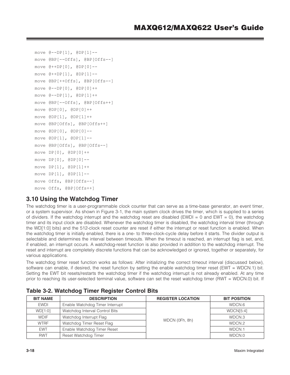 10 using the watchdog timer, 3 .10 using the watchdog timer -18, Table 3-2. watchdog timer register control bits | Maxim Integrated MAXQ622 User Manual | Page 54 / 255