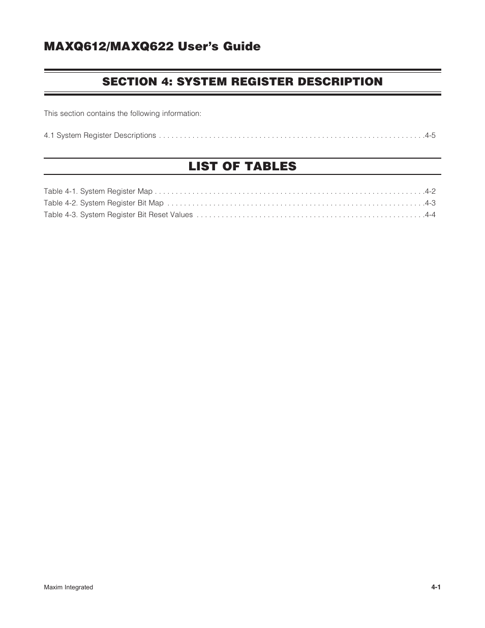 Section 4: system register description, Section 4: system register description -1, List of tables | Maxim Integrated MAXQ622 User Manual | Page 57 / 255