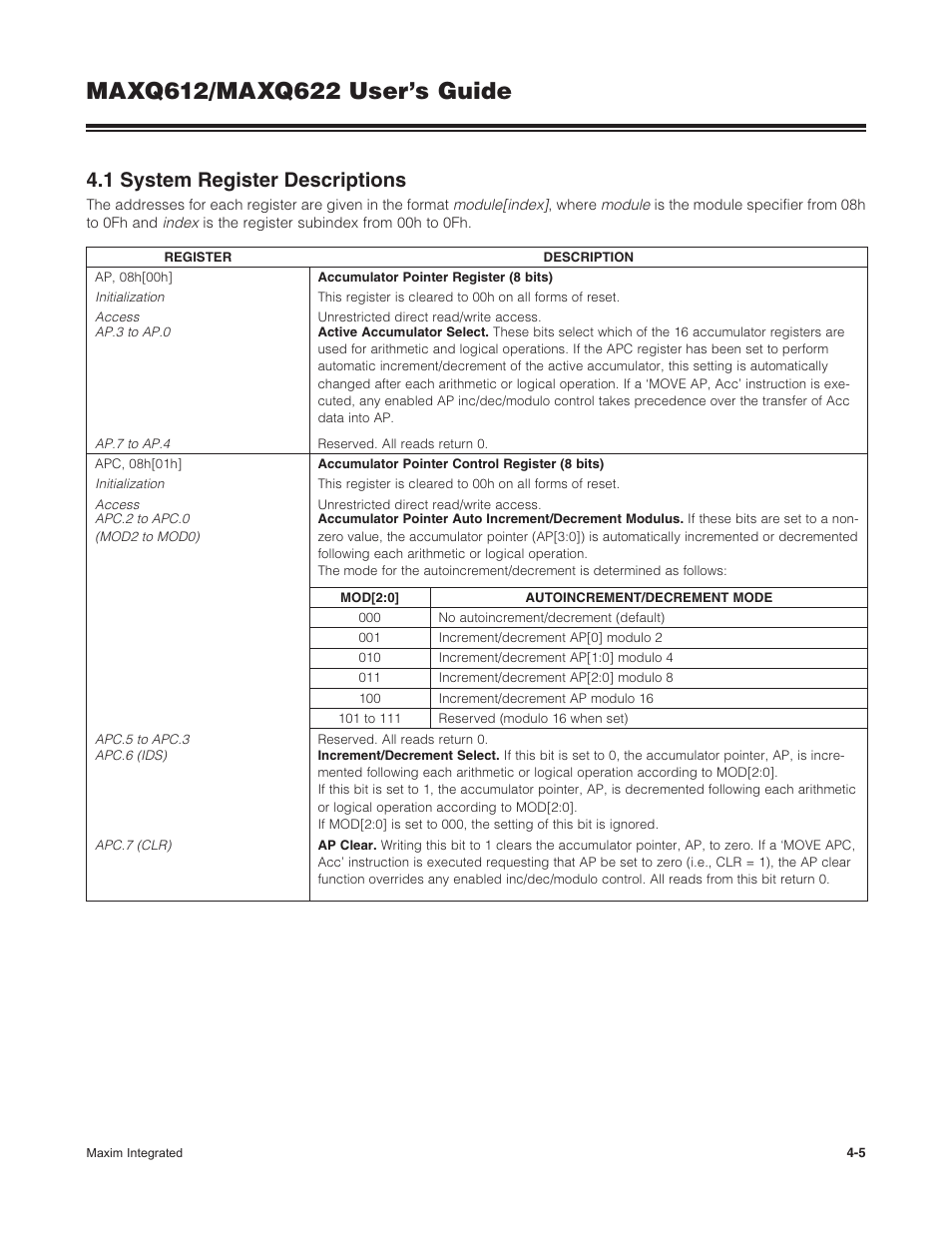 1 system register descriptions, 4 .1 system register descriptions -5 | Maxim Integrated MAXQ622 User Manual | Page 61 / 255