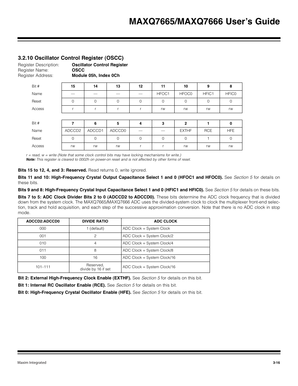 10 oscillator control register (oscc) -16, 10 oscillator control register (oscc) | Maxim Integrated MAXQ7666 User Manual | Page 106 / 386