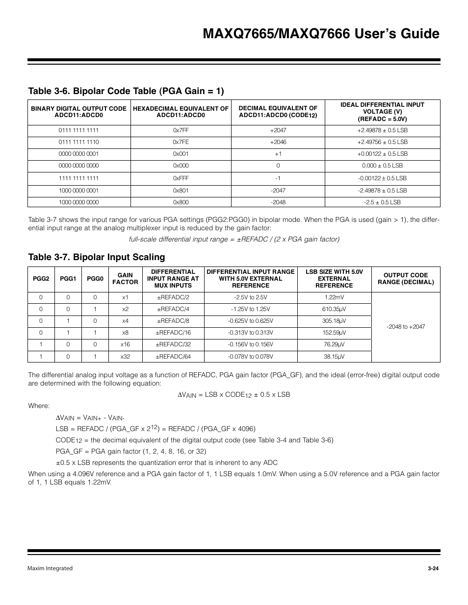 Table 3-6. bipolar code table (pga gain = 1) -24, Table 3-7. bipolar input scaling -24, Table 3-6. bipolar code table (pga gain = 1) | Table 3-7. bipolar input scaling | Maxim Integrated MAXQ7666 User Manual | Page 114 / 386
