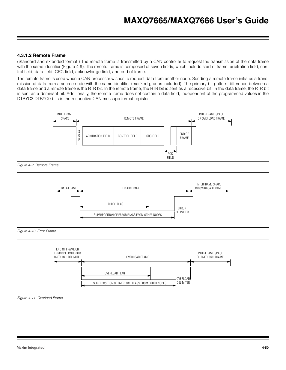 2 remote frame -50, Figure 4-9. remote frame -50, Figure 4-10. error frame -50 | Figure 4-11. overload frame -50, 2 remote frame | Maxim Integrated MAXQ7666 User Manual | Page 180 / 386