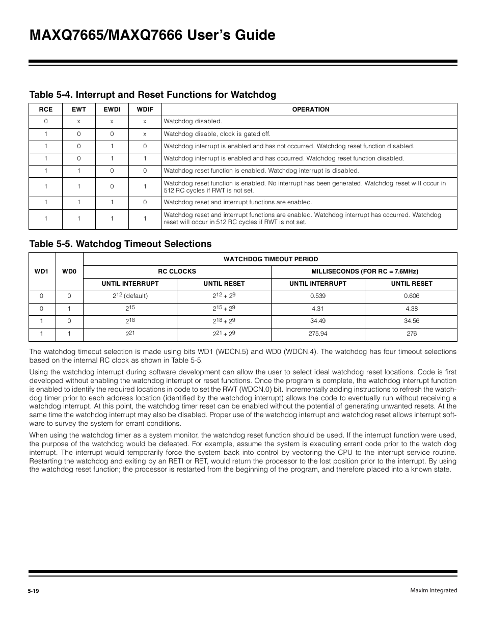 Table 5-5. watchdog timeout selections -19 | Maxim Integrated MAXQ7666 User Manual | Page 216 / 386