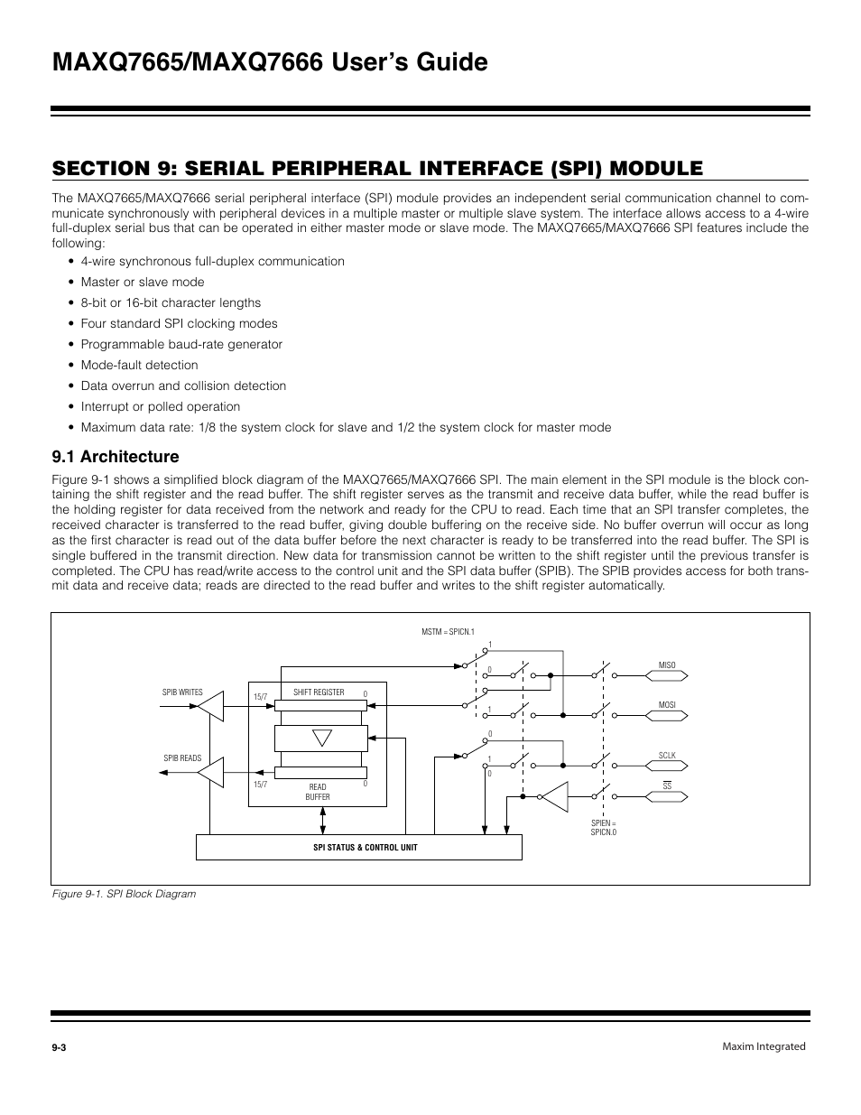 1 architecture -3, Figure 9-1. spi block diagram -3, 1 architecture | Maxim Integrated MAXQ7666 User Manual | Page 276 / 386