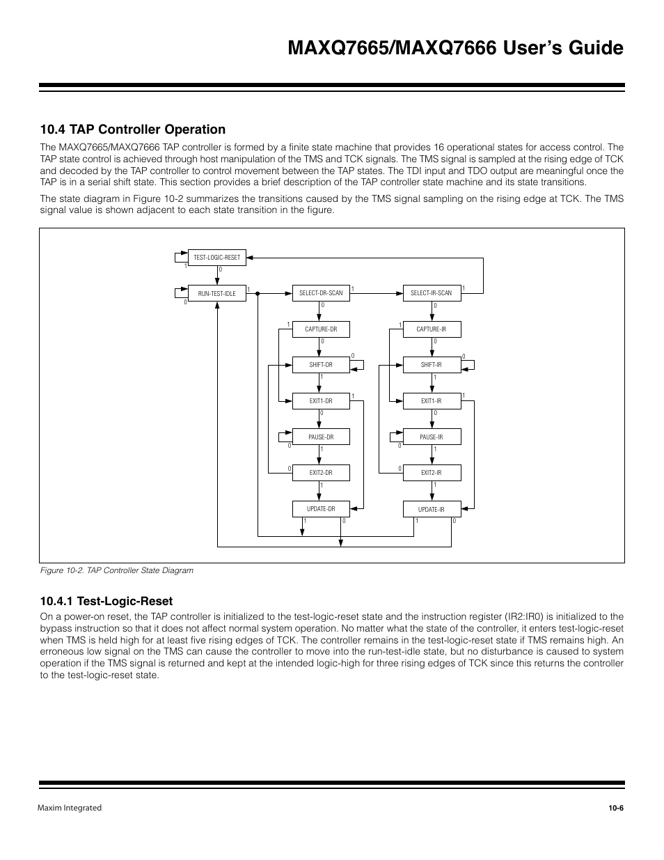 4 tap controller operation -6, 1 test-logic-reset -6, Figure 10-2. tap controller state diagram -6 | 4 tap controller operation, 1 test-logic-reset | Maxim Integrated MAXQ7666 User Manual | Page 292 / 386