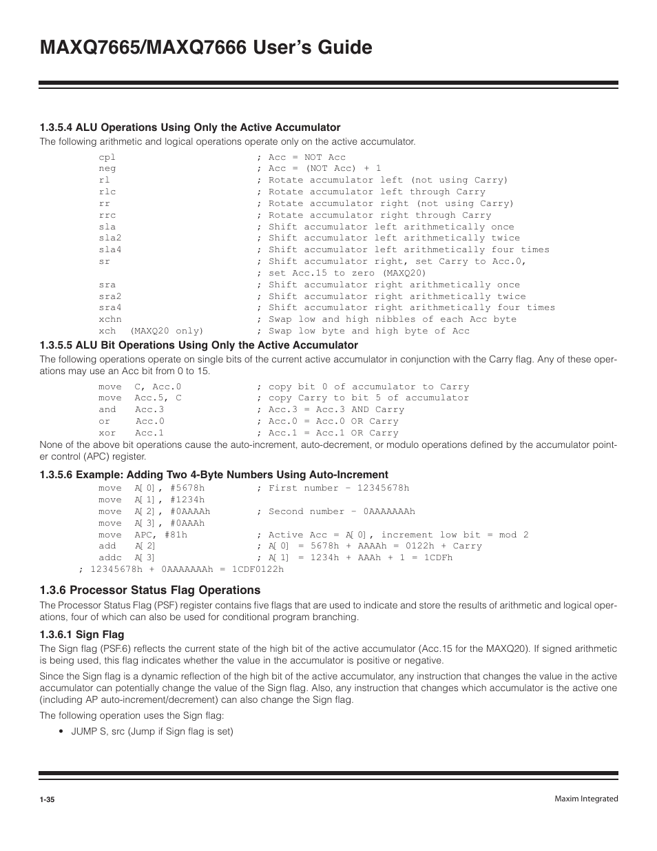6 processor status flag operations -35, 1 sign flag -35 | Maxim Integrated MAXQ7666 User Manual | Page 37 / 386