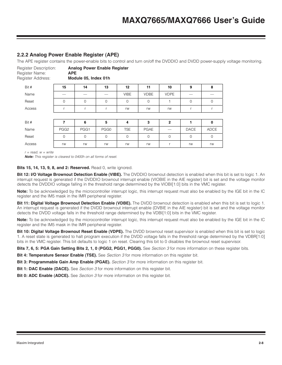 2 analog power enable register (ape) -8, 2 analog power enable register (ape) | Maxim Integrated MAXQ7666 User Manual | Page 80 / 386