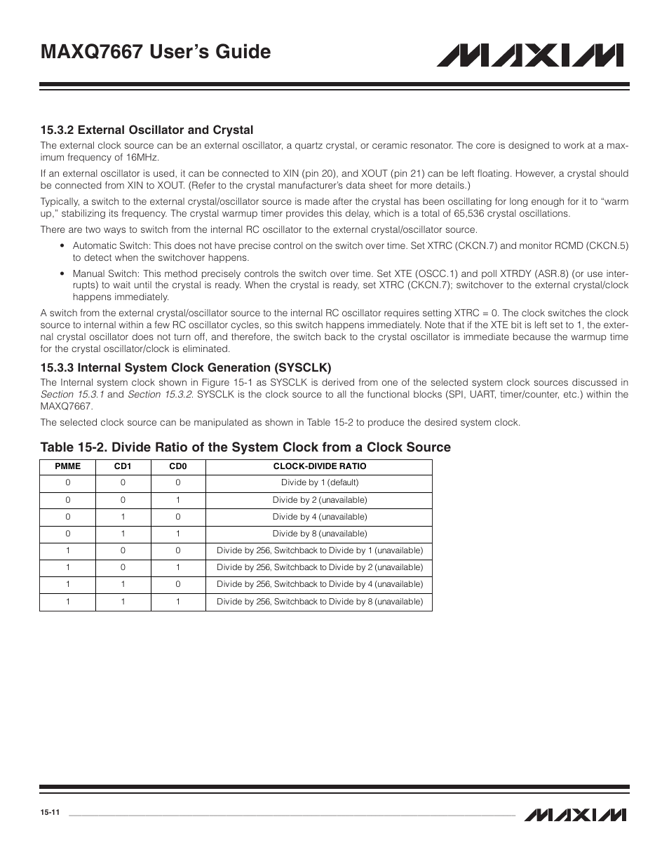 2 external oscillator a, 3 internal system clock, 2 external oscillator and crystal -11 | 3 internal system clock generation (sysclk) -11, Maxq7667 user’s guide, 2 external oscillator and crystal, 3 internal system clock generation (sysclk) | Maxim Integrated MAXQ7667 User Manual | Page 263 / 347
