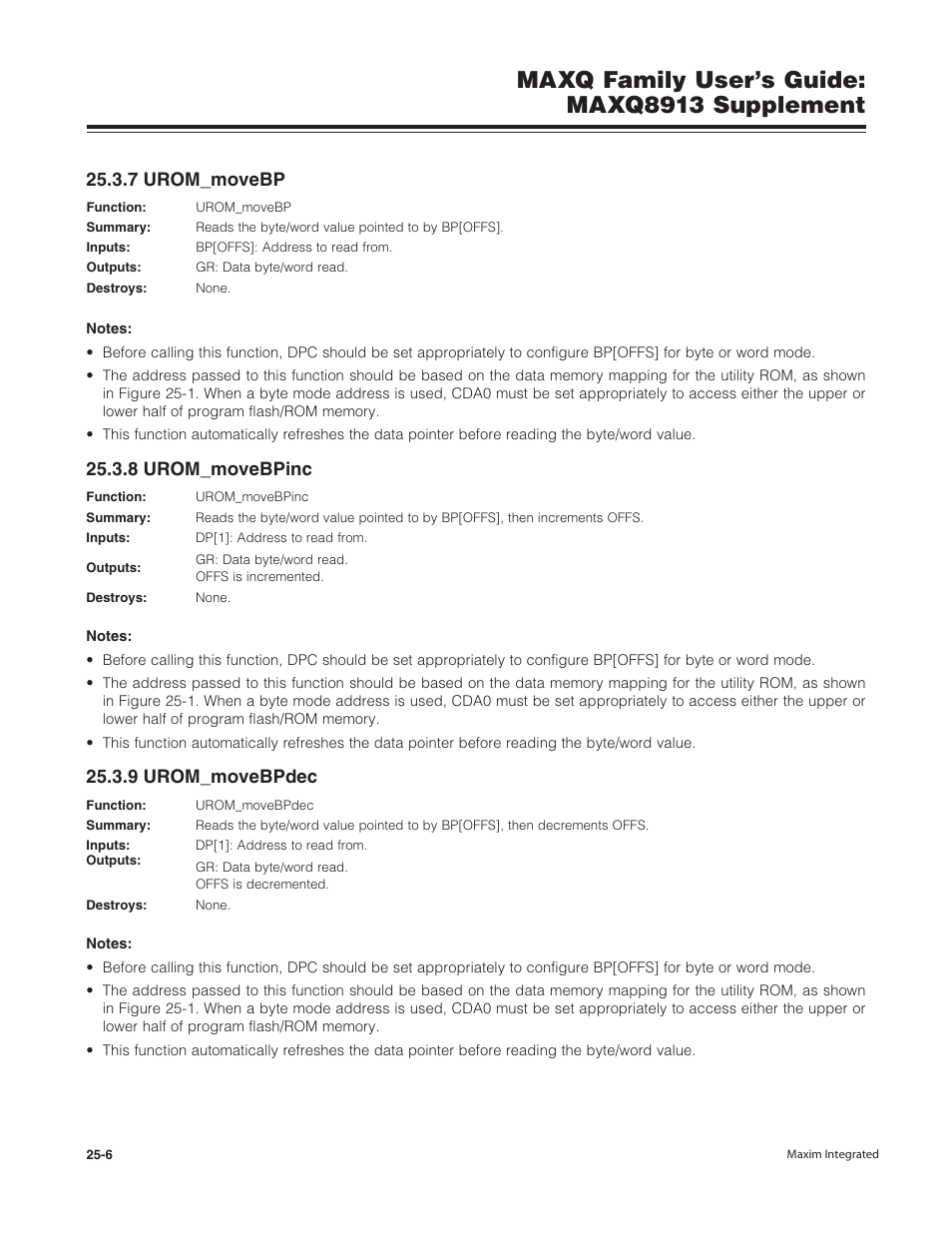 7 urom_movebp, 8 urom_movebpinc, 9 urom_movebpdec | Maxq family user’s guide: maxq8913 supplement | Maxim Integrated MAXQ Family Users Guide: MAXQ8913 Supplement User Manual | Page 105 / 114