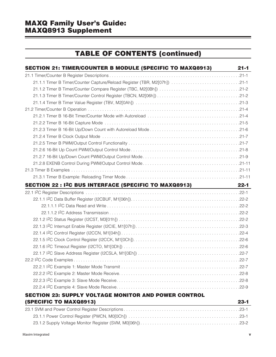Maxq family user’s guide: maxq8913 supplement, Table of contents (continued) | Maxim Integrated MAXQ Family Users Guide: MAXQ8913 Supplement User Manual | Page 5 / 114