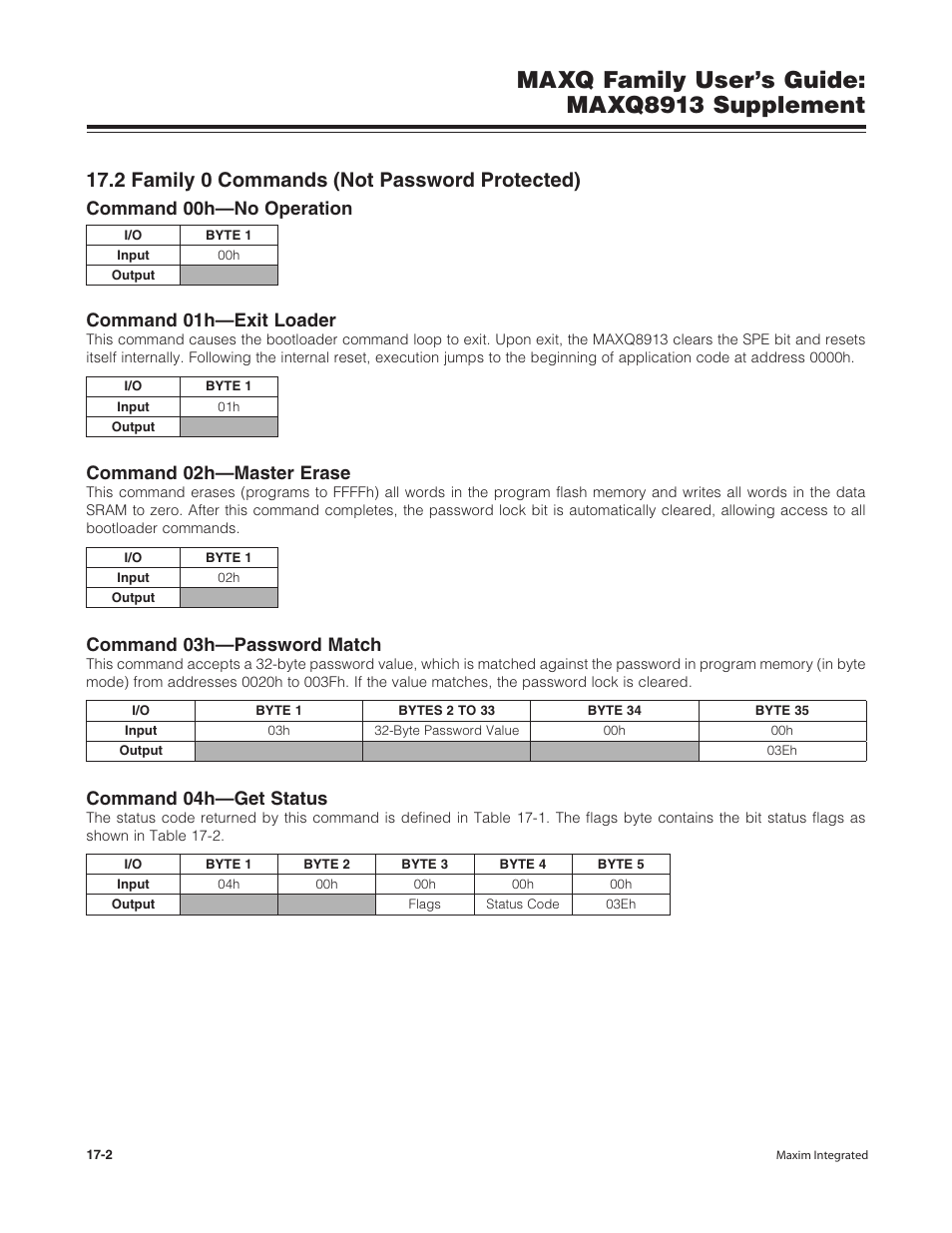 2 family 0 commands (not password protected), 2 family 0 commands (not password protected) -2, Maxq family user’s guide: maxq8913 supplement | Command 00h—no operation command 01h—exit loader, Command 02h—master erase, Command 03h—password match, Command 04h—get status | Maxim Integrated MAXQ Family Users Guide: MAXQ8913 Supplement User Manual | Page 55 / 114