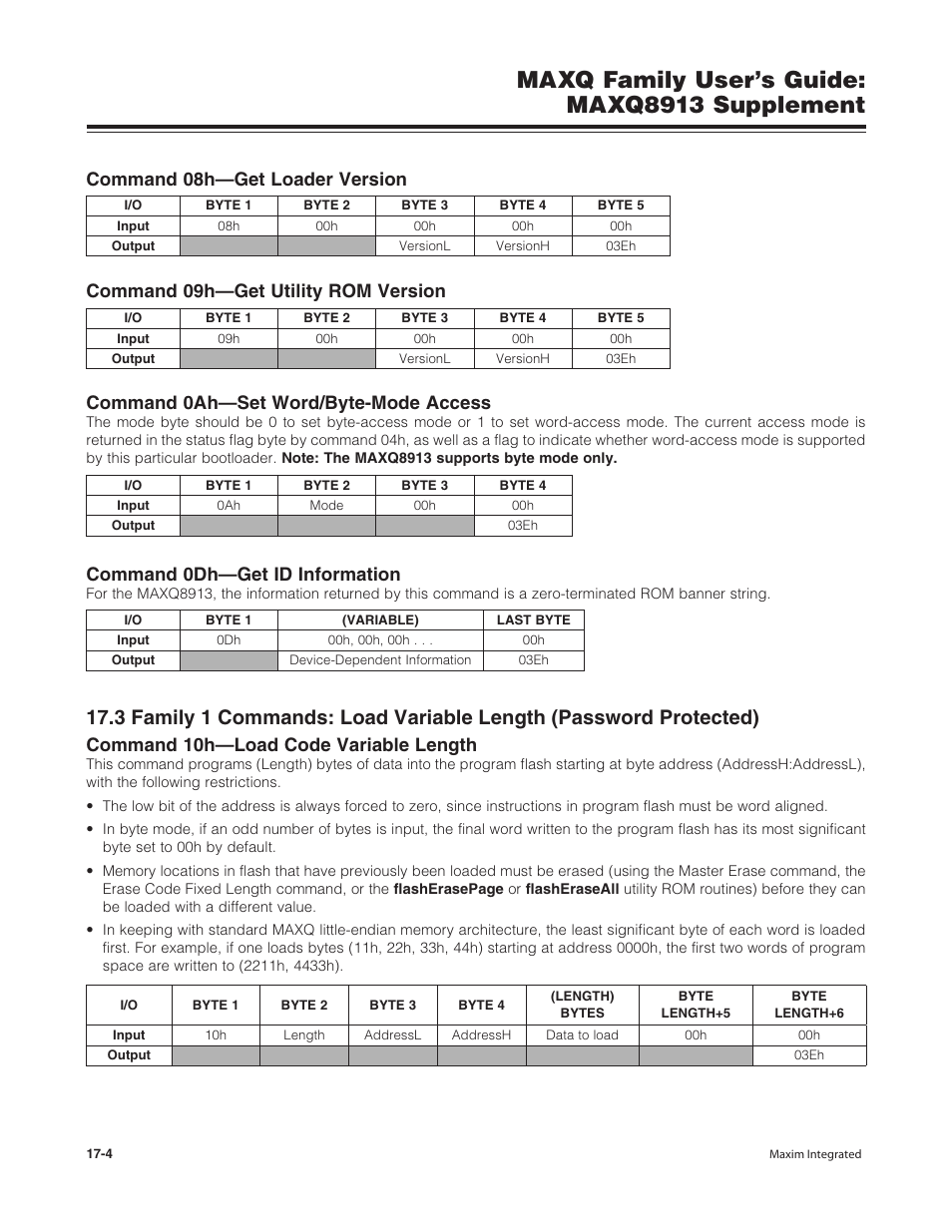 Maxq family user’s guide: maxq8913 supplement, Command 0dh—get id information, Command 10h—load code variable length | Maxim Integrated MAXQ Family Users Guide: MAXQ8913 Supplement User Manual | Page 57 / 114
