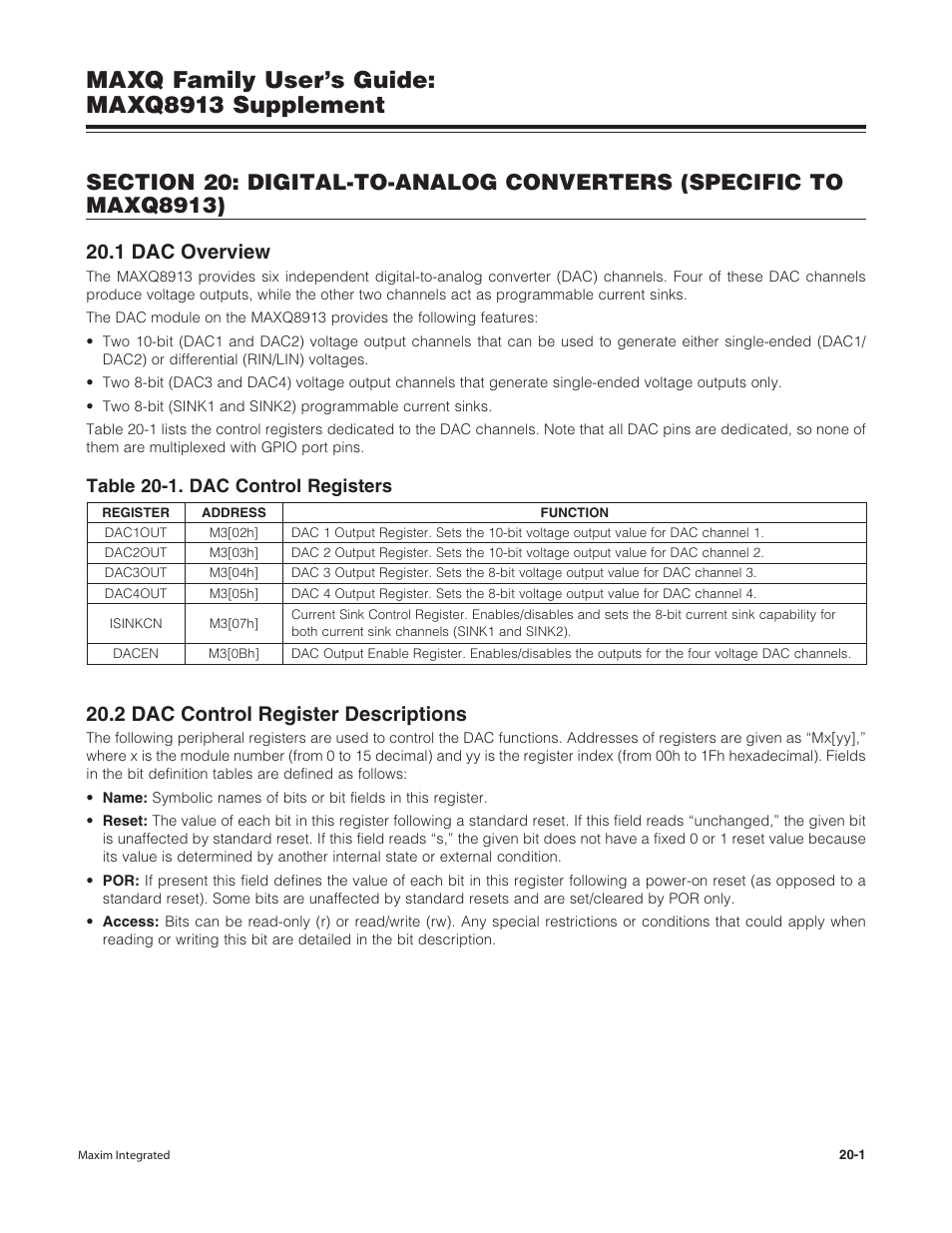 1 dac overview, 2 dac control register descriptions, Maxq family user’s guide: maxq8913 supplement | Maxim Integrated MAXQ Family Users Guide: MAXQ8913 Supplement User Manual | Page 73 / 114