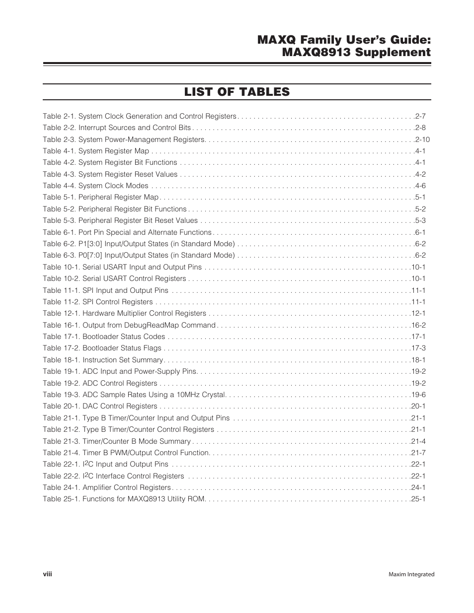Maxq family user’s guide: maxq8913 supplement, List of tables | Maxim Integrated MAXQ Family Users Guide: MAXQ8913 Supplement User Manual | Page 8 / 114