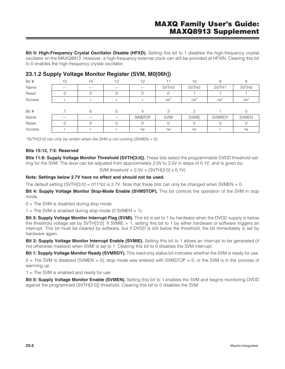 2 supply voltage monitor register (svm, m0[06h]), Maxq family user’s guide: maxq8913 supplement | Maxim Integrated MAXQ Family Users Guide: MAXQ8913 Supplement User Manual | Page 97 / 114