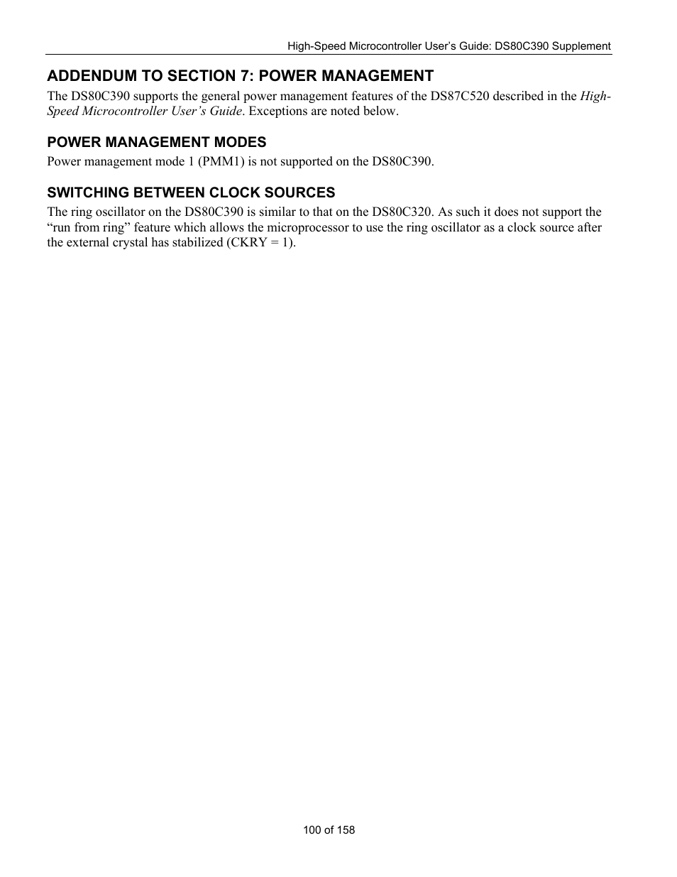 Addendum to section 7: power management, Power management modes, Switching between clock sources | Ower, Anagement, Odes, Witching between clock sources | Maxim Integrated High-Speed Microcontroller Users Guide: DS80C390 Supplement User Manual | Page 100 / 158
