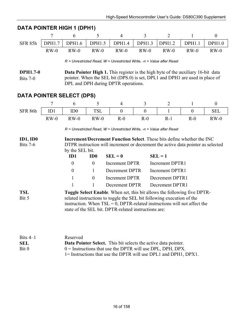 Data pointer high 1 (dph1), Data pointer select (dps), Ointer | 1 (dph1), Elect, Dps) | Maxim Integrated High-Speed Microcontroller Users Guide: DS80C390 Supplement User Manual | Page 16 / 158