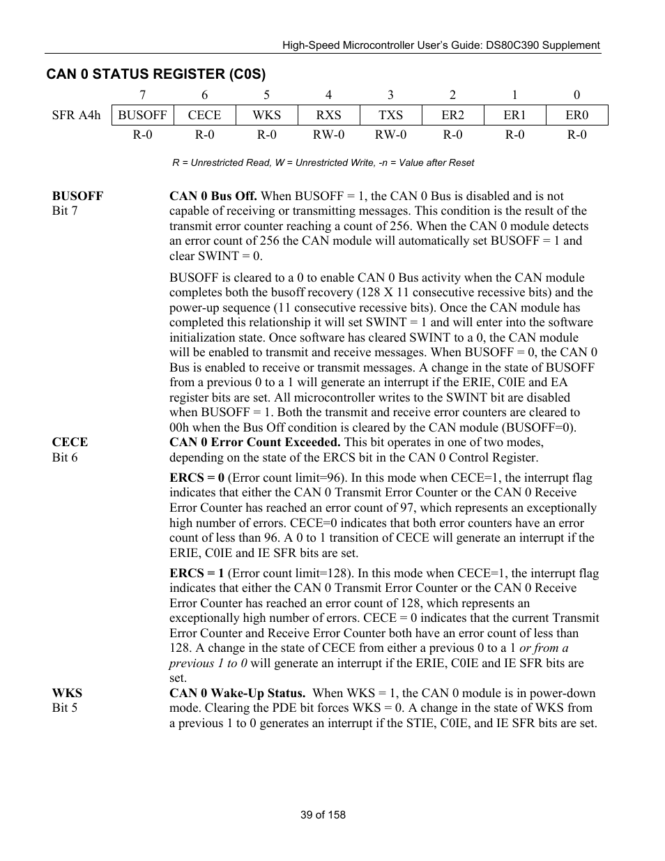 Can 0 status register (c0s), Can 0 s, Tatus | Egister, C0s) | Maxim Integrated High-Speed Microcontroller Users Guide: DS80C390 Supplement User Manual | Page 39 / 158