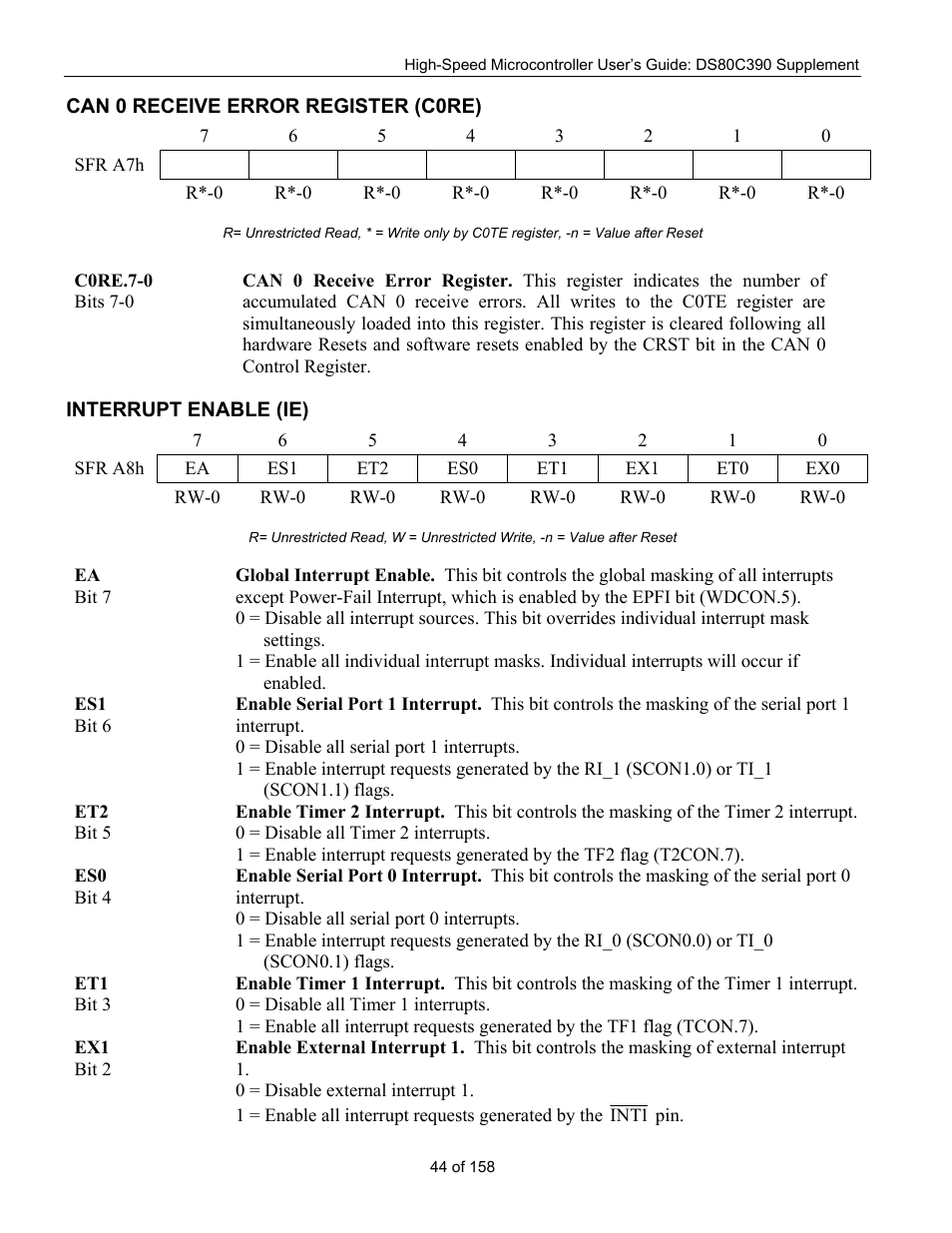 Can 0 receive error register (c0re), Interrupt enable (ie), Can 0 r | Eceive, Rror, Egister, C0re), Nterrupt, Nable | Maxim Integrated High-Speed Microcontroller Users Guide: DS80C390 Supplement User Manual | Page 44 / 158