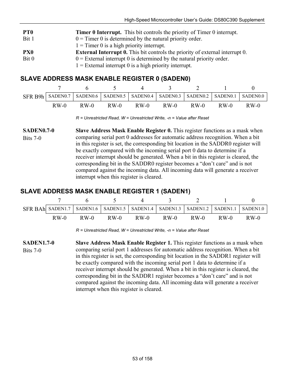 Slave address mask enable register 0 (saden0), Slave address mask enable register 1 (saden1), Lave | Ddress, Nable, Egister, 0 (saden0), 1 (saden1) | Maxim Integrated High-Speed Microcontroller Users Guide: DS80C390 Supplement User Manual | Page 53 / 158