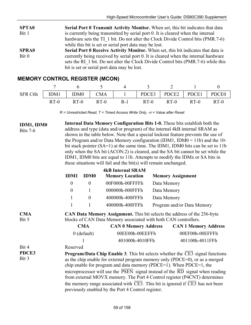 Memory control register (mcon), Emory, Ontrol | Egister, Mcon) | Maxim Integrated High-Speed Microcontroller Users Guide: DS80C390 Supplement User Manual | Page 59 / 158