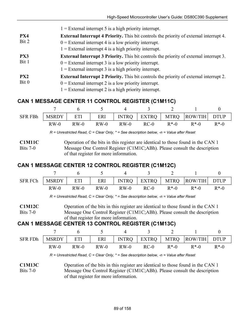 Can 1 message center 11 control register (c1m11c), Can 1 message center 12 control register (c1m12c), Can 1 message center 13 control register (c1m13c) | Can 1 m, Essage, Enter, 11 c, Ontrol, Egister, C1m11c) | Maxim Integrated High-Speed Microcontroller Users Guide: DS80C390 Supplement User Manual | Page 89 / 158
