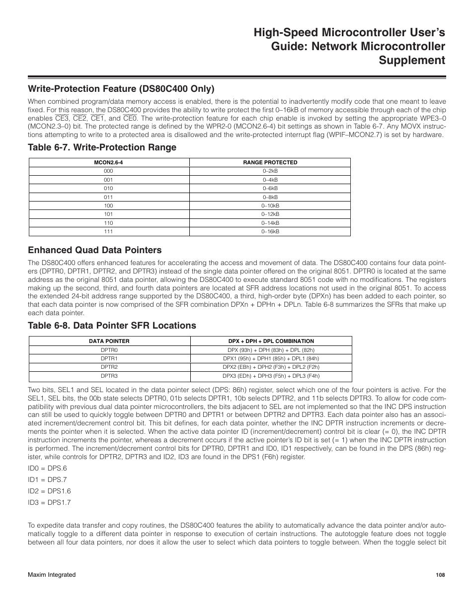 Write-protection feature (ds80c400 only), Enhanced quad data pointers, Table 6-8. data pointer sfr locations | Maxim Integrated High-Speed Microcontroller Users Guide: Network Microcontroller Supplement User Manual | Page 108 / 221