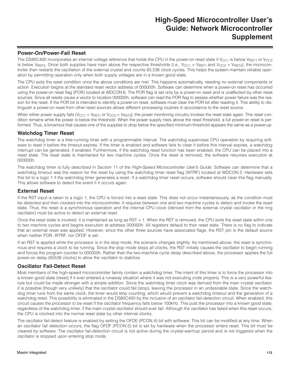 Power-on/power-fail reset, Watchdog timer reset, External reset | Oscillator fail-detect reset | Maxim Integrated High-Speed Microcontroller Users Guide: Network Microcontroller Supplement User Manual | Page 112 / 221