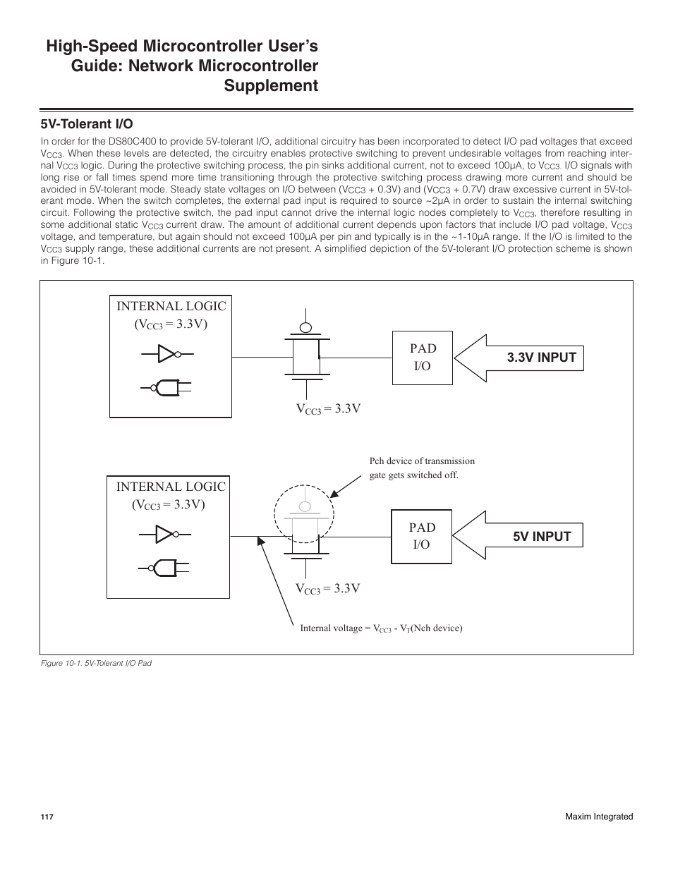5v-tolerant i/o, 3v internal logic (v, 3v) pad i/o 3.3v input pad i/o 5v input | Internal logic (v, 3v) v | Maxim Integrated High-Speed Microcontroller Users Guide: Network Microcontroller Supplement User Manual | Page 117 / 221