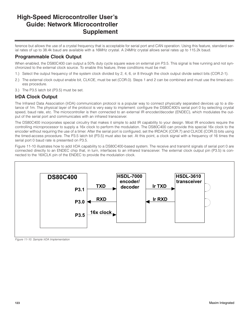 Programmable clock output, Irda clock output | Maxim Integrated High-Speed Microcontroller Users Guide: Network Microcontroller Supplement User Manual | Page 123 / 221