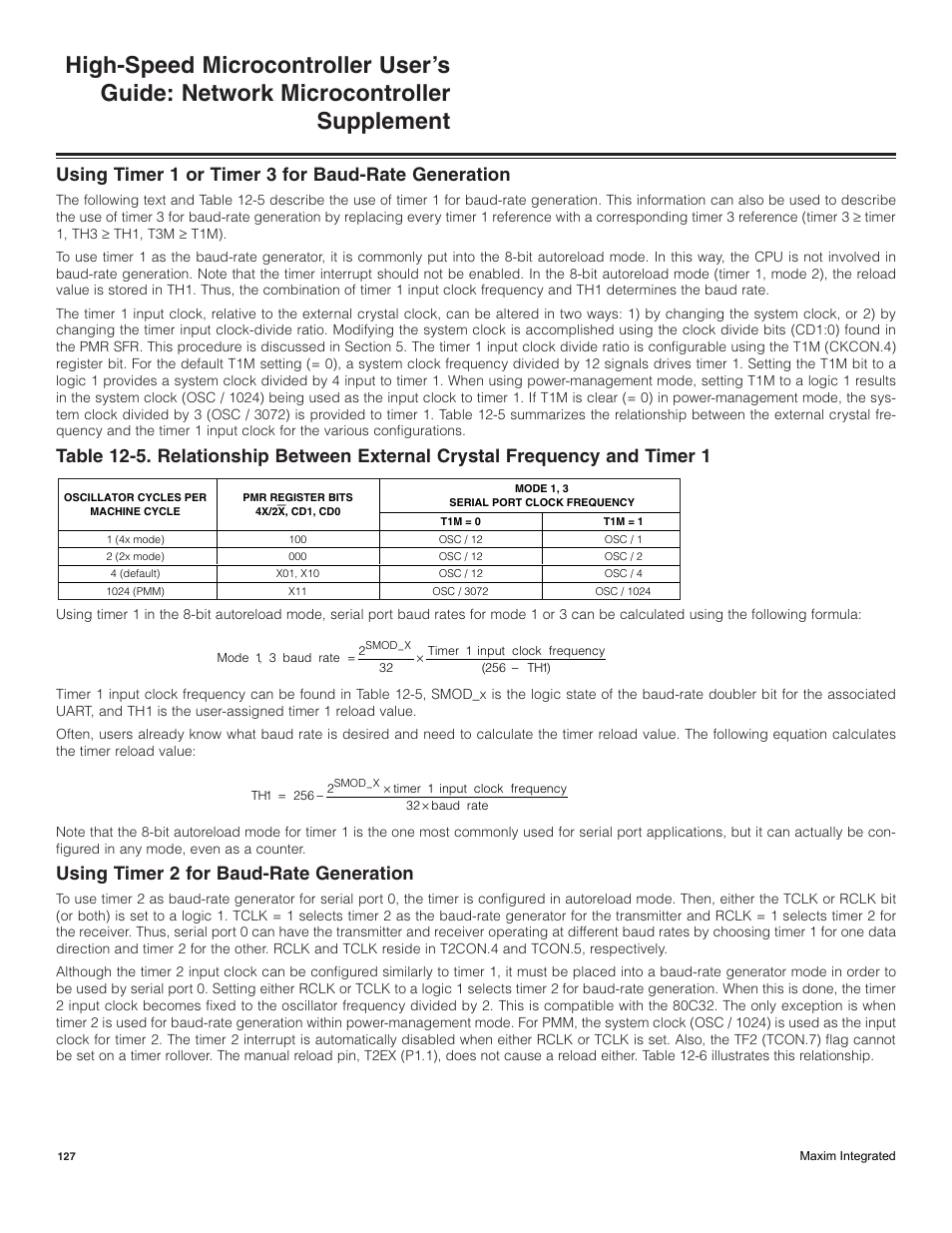 Using timer 1 or timer 3 for baud-rate generation, Using timer 2 for baud-rate generation | Maxim Integrated High-Speed Microcontroller Users Guide: Network Microcontroller Supplement User Manual | Page 127 / 221