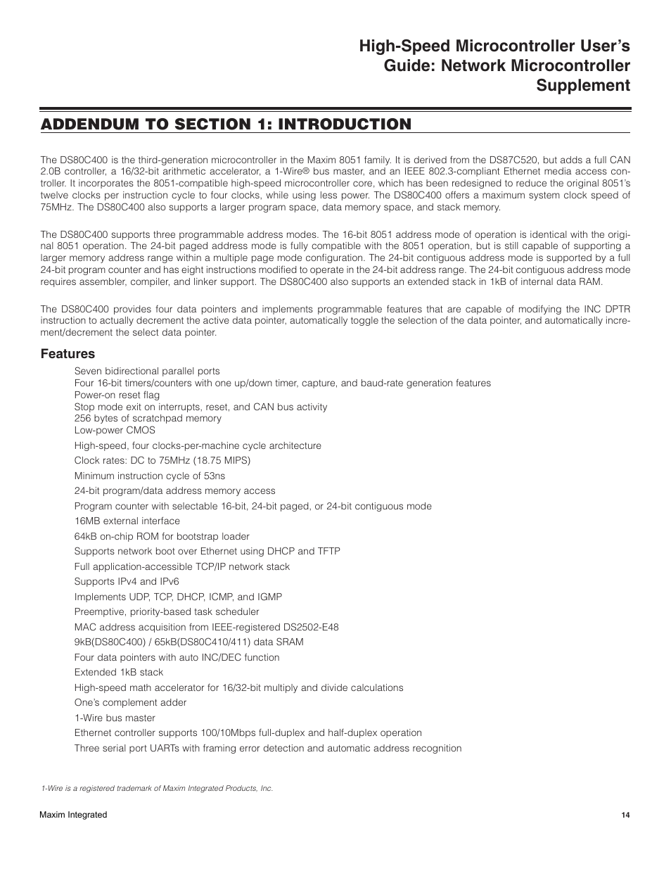 Addendum to section 1: introduction, Features | Maxim Integrated High-Speed Microcontroller Users Guide: Network Microcontroller Supplement User Manual | Page 14 / 221
