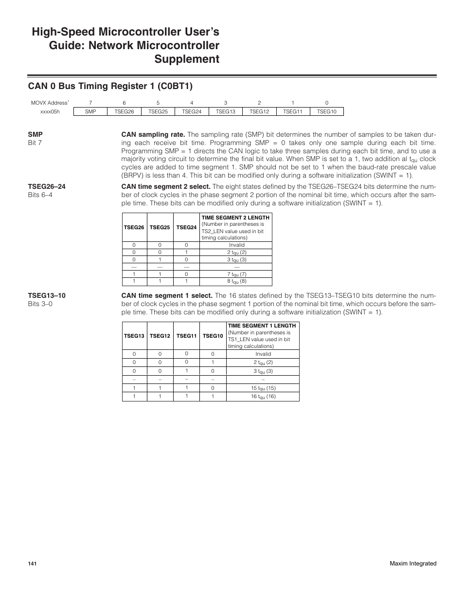 Can 0 bus timing register 1 (c0bt1) | Maxim Integrated High-Speed Microcontroller Users Guide: Network Microcontroller Supplement User Manual | Page 141 / 221