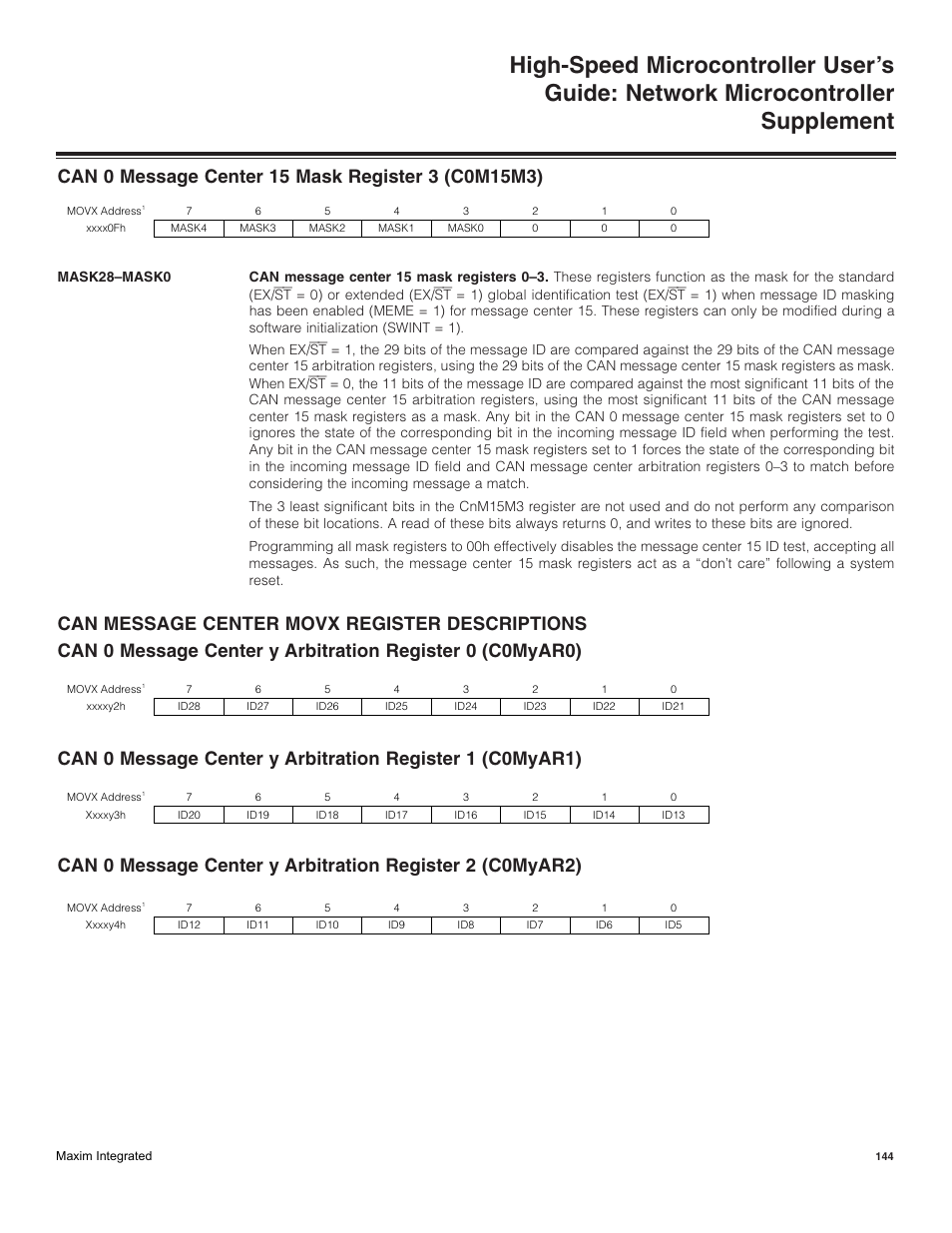 Can 0 message center 15 mask register 3 (c0m15m3), Can message center movx register descriptions | Maxim Integrated High-Speed Microcontroller Users Guide: Network Microcontroller Supplement User Manual | Page 144 / 221