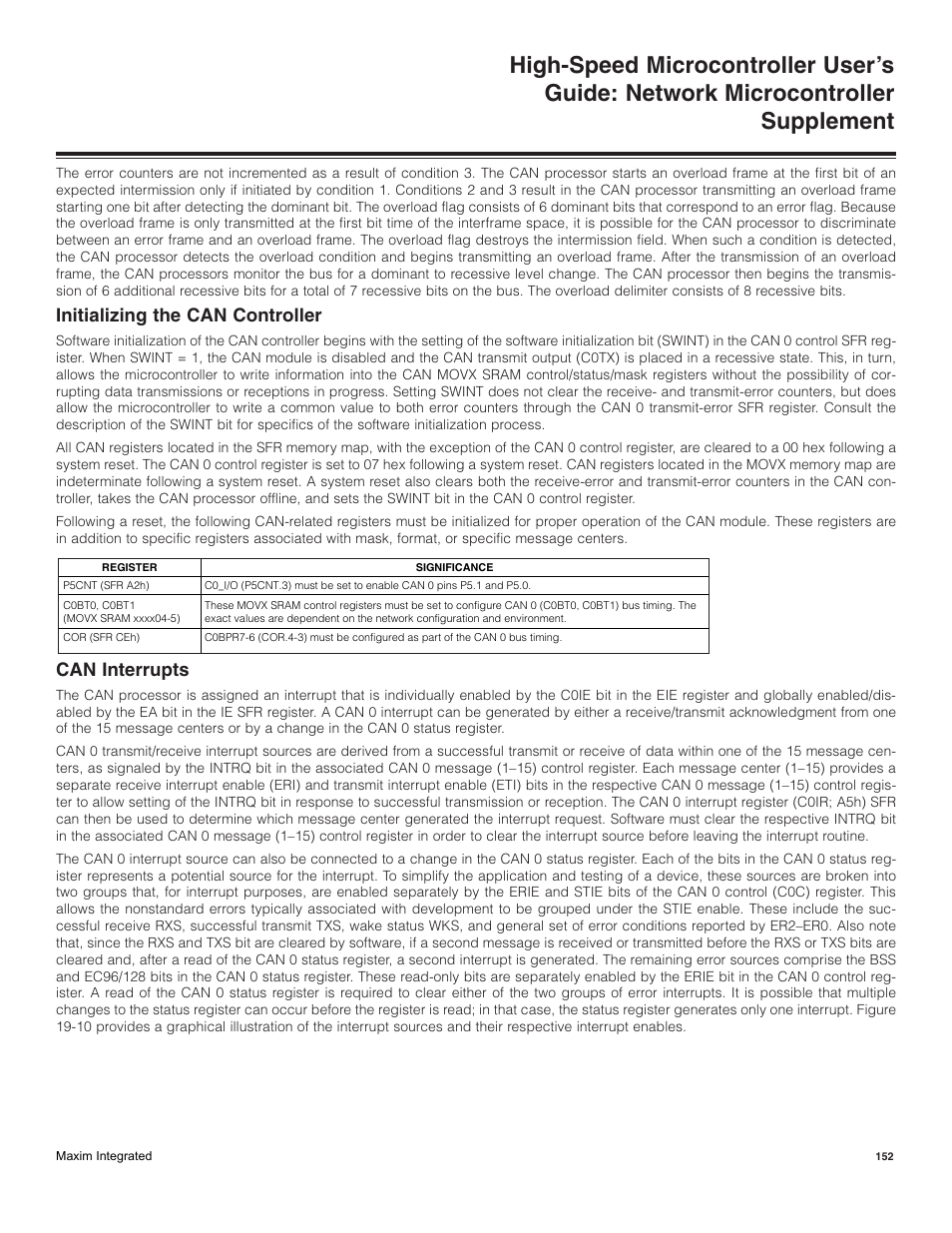 Initializing the can controller, Can interrupts | Maxim Integrated High-Speed Microcontroller Users Guide: Network Microcontroller Supplement User Manual | Page 152 / 221