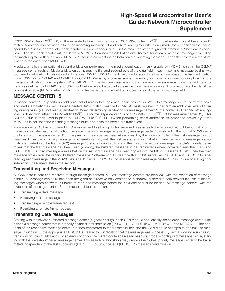 Message center 15, Transmitting and receiving messages, Transmitting data messages | Maxim Integrated High-Speed Microcontroller Users Guide: Network Microcontroller Supplement User Manual | Page 154 / 221