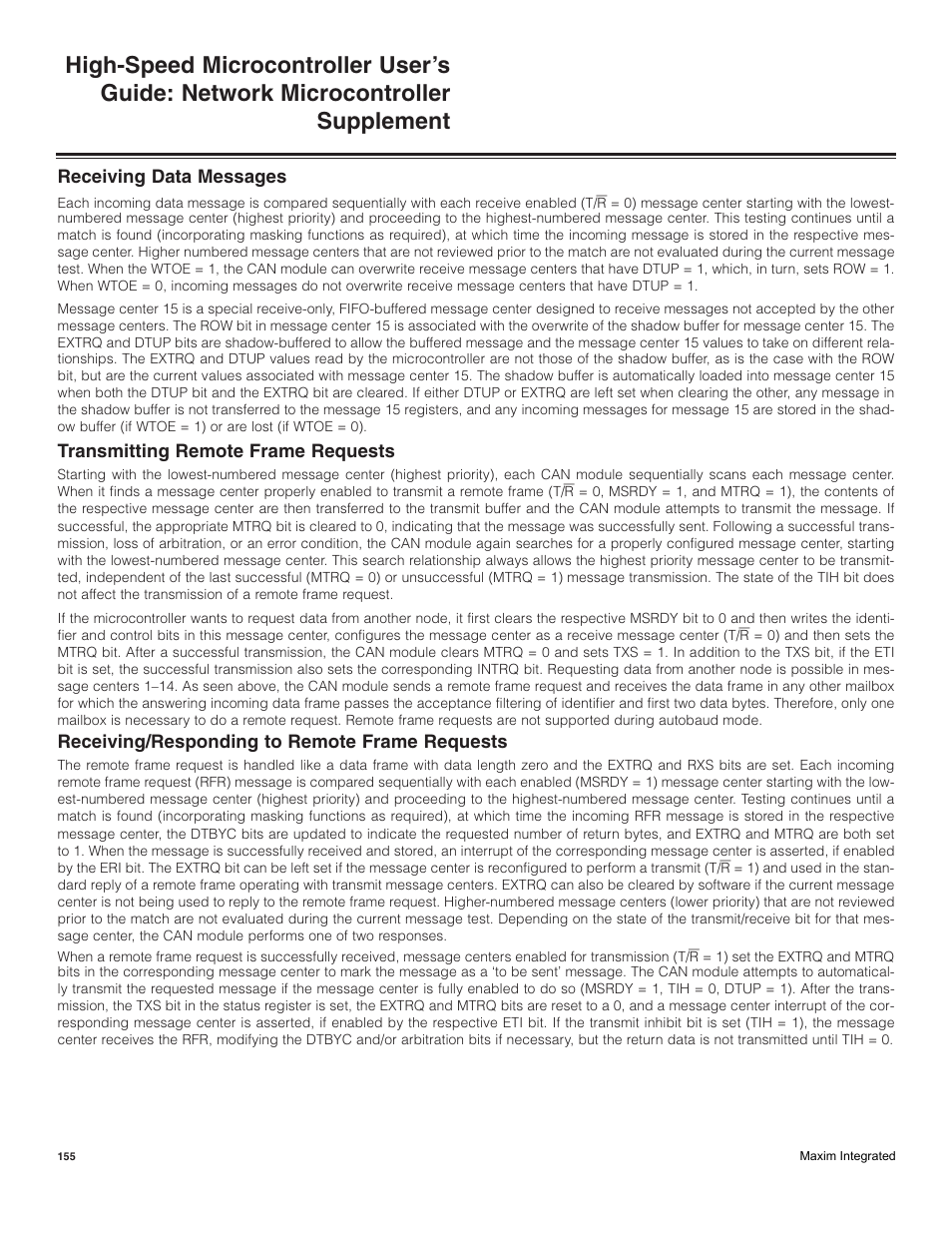 Receiving data messages, Transmitting remote frame requests, Receiving/responding to remote frame requests | Maxim Integrated High-Speed Microcontroller Users Guide: Network Microcontroller Supplement User Manual | Page 155 / 221
