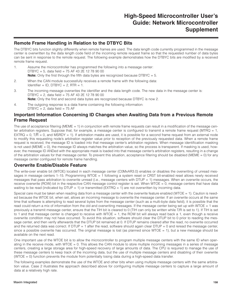 Overwrite enable/disable feature | Maxim Integrated High-Speed Microcontroller Users Guide: Network Microcontroller Supplement User Manual | Page 158 / 221
