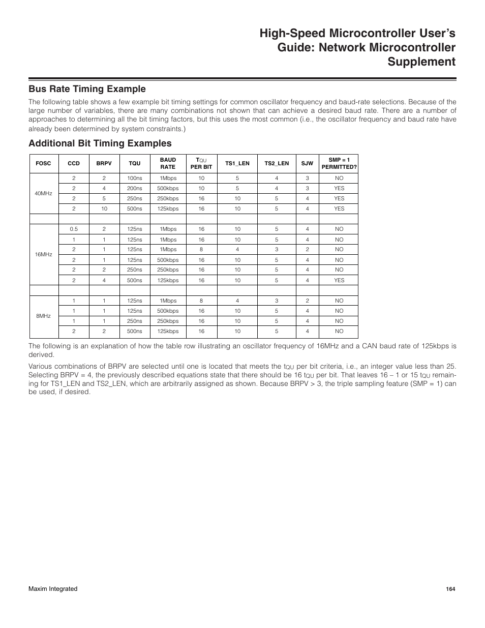 Bus rate timing example, Additional bit timing examples | Maxim Integrated High-Speed Microcontroller Users Guide: Network Microcontroller Supplement User Manual | Page 164 / 221