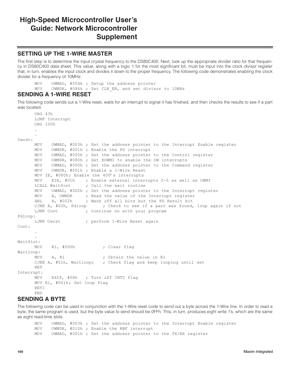 Setting up the 1-wire master, Sending a 1-wire reset, Sending a byte | Maxim Integrated High-Speed Microcontroller Users Guide: Network Microcontroller Supplement User Manual | Page 169 / 221
