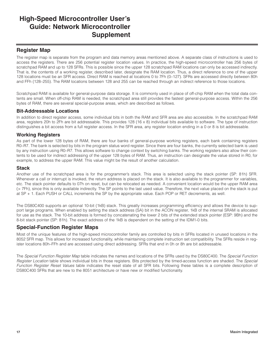 Register map, Bit-addressable locations, Working registers | Stack, Special-function register maps | Maxim Integrated High-Speed Microcontroller Users Guide: Network Microcontroller Supplement User Manual | Page 17 / 221