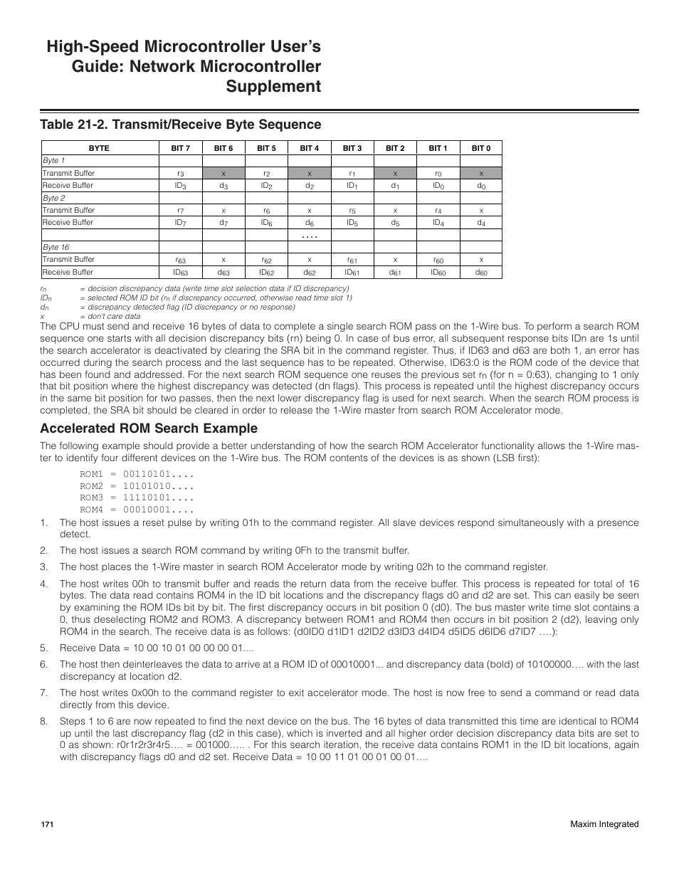 Accelerated rom search example, Table 21-2. transmit/receive byte sequence | Maxim Integrated High-Speed Microcontroller Users Guide: Network Microcontroller Supplement User Manual | Page 171 / 221