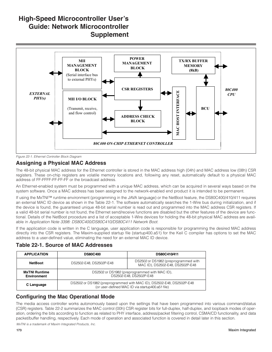 Assigning a physical mac address, Configuring the mac operational mode | Maxim Integrated High-Speed Microcontroller Users Guide: Network Microcontroller Supplement User Manual | Page 173 / 221