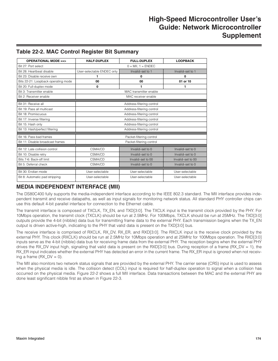 Media independent interface (mii) | Maxim Integrated High-Speed Microcontroller Users Guide: Network Microcontroller Supplement User Manual | Page 174 / 221