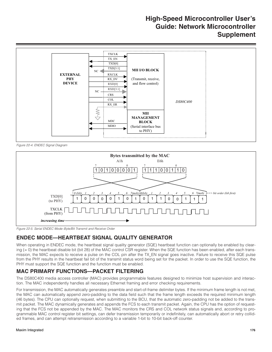 Endec mode—heartbeat signal quality generator, Mac primary functions—packet filtering | Maxim Integrated High-Speed Microcontroller Users Guide: Network Microcontroller Supplement User Manual | Page 176 / 221