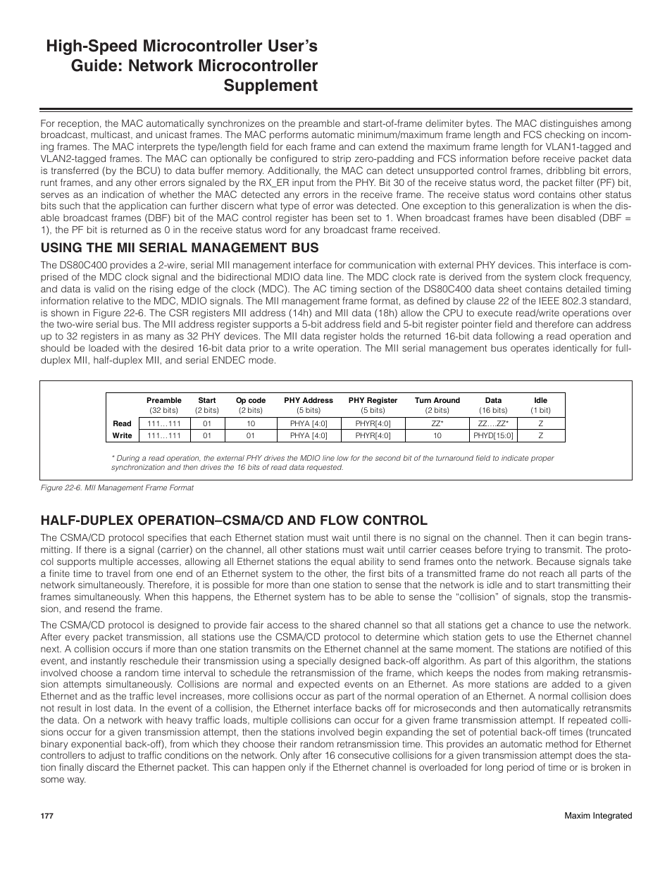 Using the mii serial management bus, Half-duplex operation—csma/cd and flow control, Half-duplex operation–csma/cd and flow control | Maxim Integrated High-Speed Microcontroller Users Guide: Network Microcontroller Supplement User Manual | Page 177 / 221