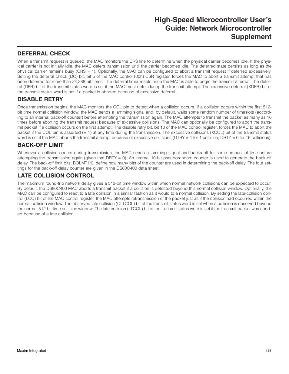 Deferral check, Disable retry, Back-off limit | Late collision control | Maxim Integrated High-Speed Microcontroller Users Guide: Network Microcontroller Supplement User Manual | Page 178 / 221